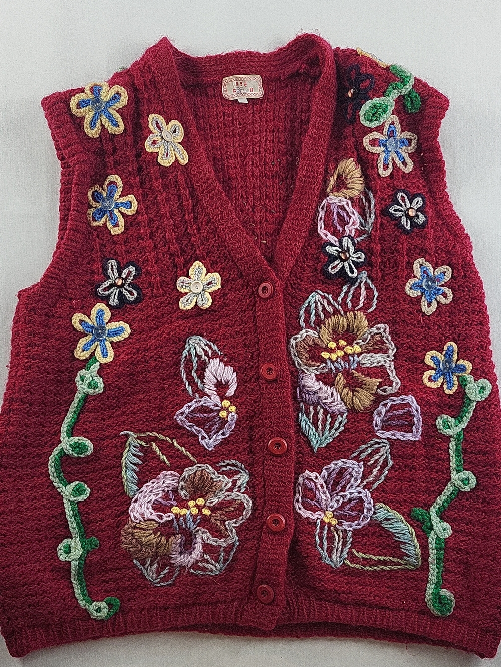 Vintage 90s Hand Embroidered Floral Knit Sweater Vest Burgundy Red Cottagecore